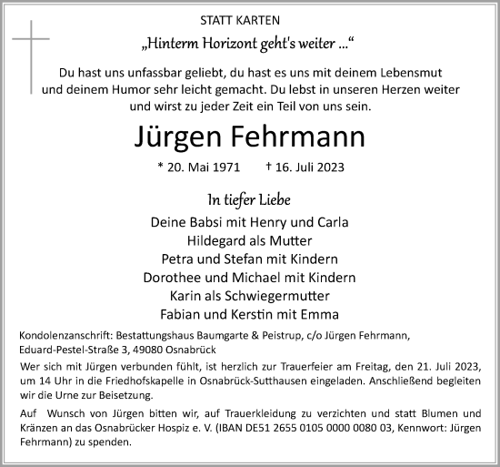 Traueranzeige von Jürgen Fehrmann von Neue Osnabrücker Zeitung GmbH & Co. KG