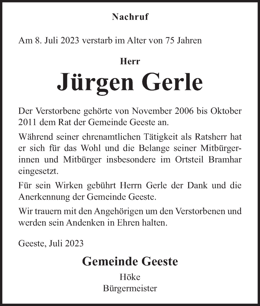  Traueranzeige für Jürgen Gerle vom 21.07.2023 aus Neue Osnabrücker Zeitung GmbH & Co. KG