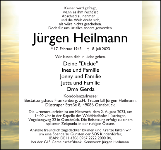 Traueranzeige von Jürgen Heilmann von Neue Osnabrücker Zeitung GmbH & Co. KG
