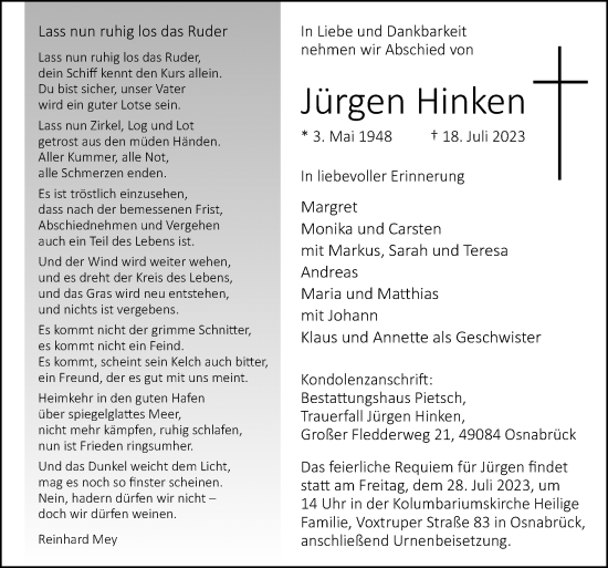 Traueranzeige von Jürgen Hinken von Neue Osnabrücker Zeitung GmbH & Co. KG