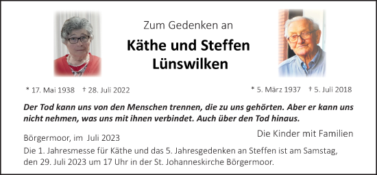 Traueranzeige von Käthe und Steffen Lünswilken von Neue Osnabrücker Zeitung GmbH & Co. KG