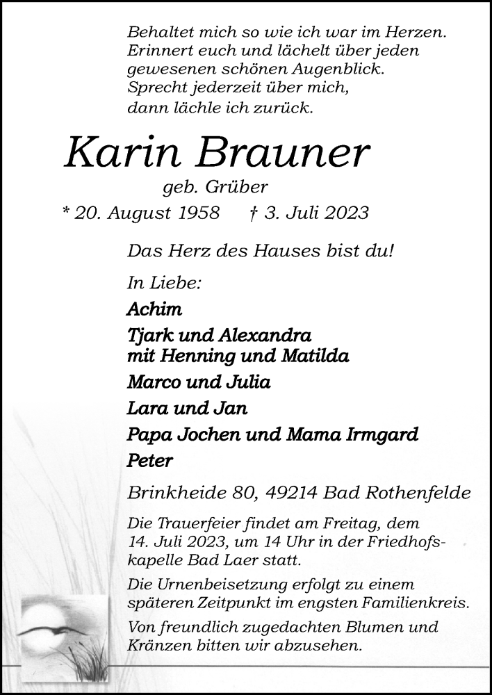  Traueranzeige für Karin Brauner vom 08.07.2023 aus Neue Osnabrücker Zeitung GmbH & Co. KG