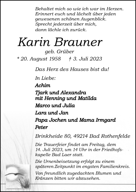 Traueranzeige von Karin Brauner von Neue Osnabrücker Zeitung GmbH & Co. KG