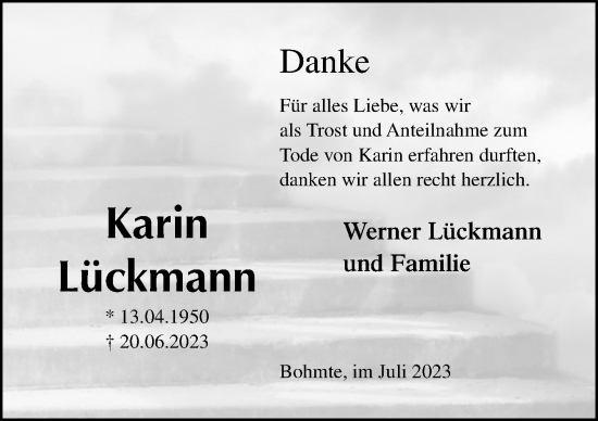 Traueranzeige von Karin Lückmann von Neue Osnabrücker Zeitung GmbH & Co. KG