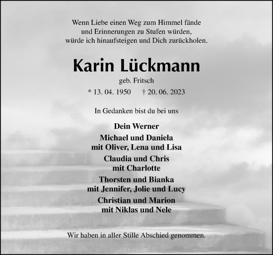 Traueranzeige von Karin Lückmann von Neue Osnabrücker Zeitung GmbH & Co. KG