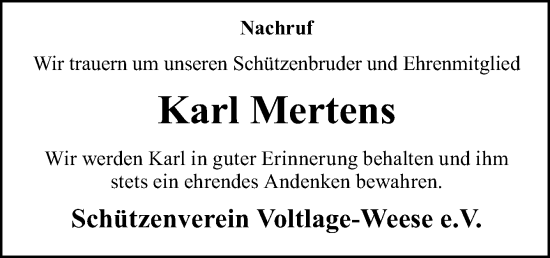 Traueranzeige von Karl Mertens von Neue Osnabrücker Zeitung GmbH & Co. KG