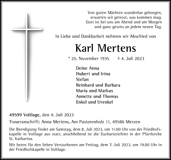 Traueranzeige von Karl Mertens von Neue Osnabrücker Zeitung GmbH & Co. KG