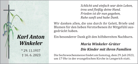 Traueranzeige von Karl Anton Winkeler von Neue Osnabrücker Zeitung GmbH & Co. KG