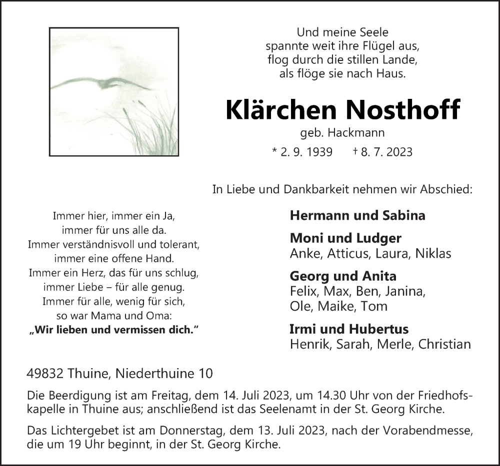  Traueranzeige für Klärchen Nosthoff vom 11.07.2023 aus Neue Osnabrücker Zeitung GmbH & Co. KG