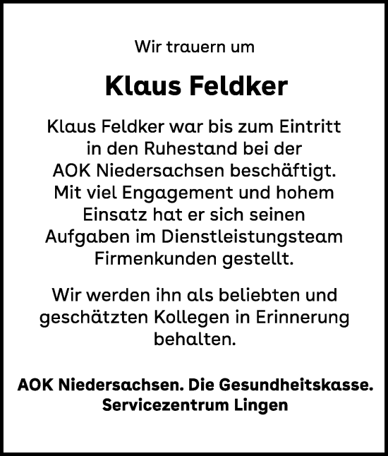 Traueranzeige von Klaus Feldker von Neue Osnabrücker Zeitung GmbH & Co. KG