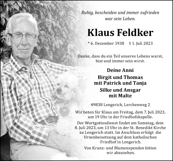 Traueranzeige von Klaus Feldker von Neue Osnabrücker Zeitung GmbH & Co. KG