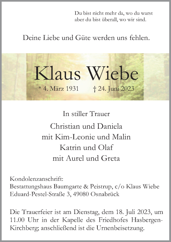 Traueranzeige von Klaus Wiebe von Neue Osnabrücker Zeitung GmbH & Co. KG