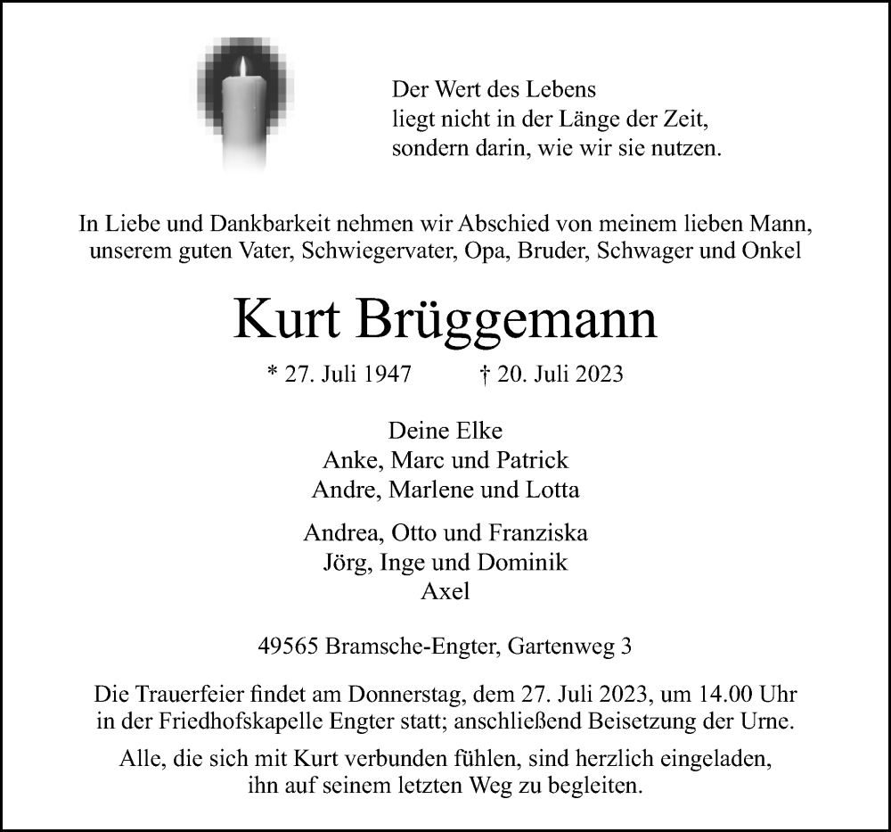  Traueranzeige für Kurt Brüggemann vom 24.07.2023 aus Neue Osnabrücker Zeitung GmbH & Co. KG