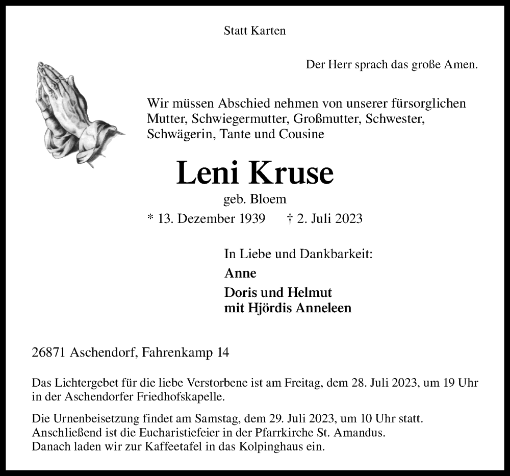  Traueranzeige für Leni Kruse vom 22.07.2023 aus Neue Osnabrücker Zeitung GmbH & Co. KG