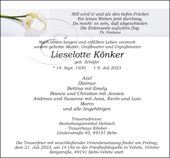 Traueranzeige von Lieselotte Könker von Neue Osnabrücker Zeitung GmbH & Co. KG