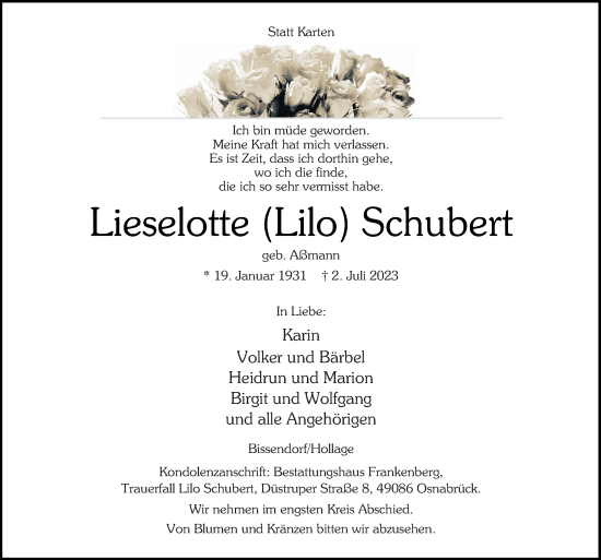 Traueranzeige von Lieselotte Schubert von Neue Osnabrücker Zeitung GmbH & Co. KG