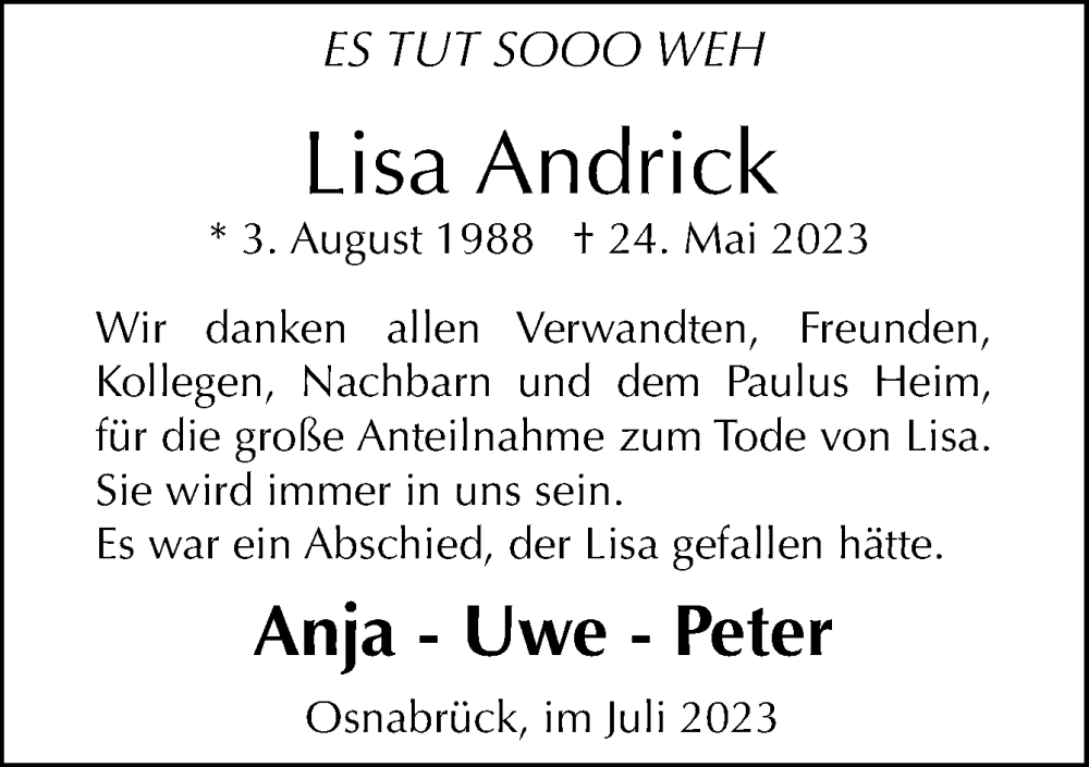  Traueranzeige für Lisa Andrick vom 08.07.2023 aus Neue Osnabrücker Zeitung GmbH & Co. KG