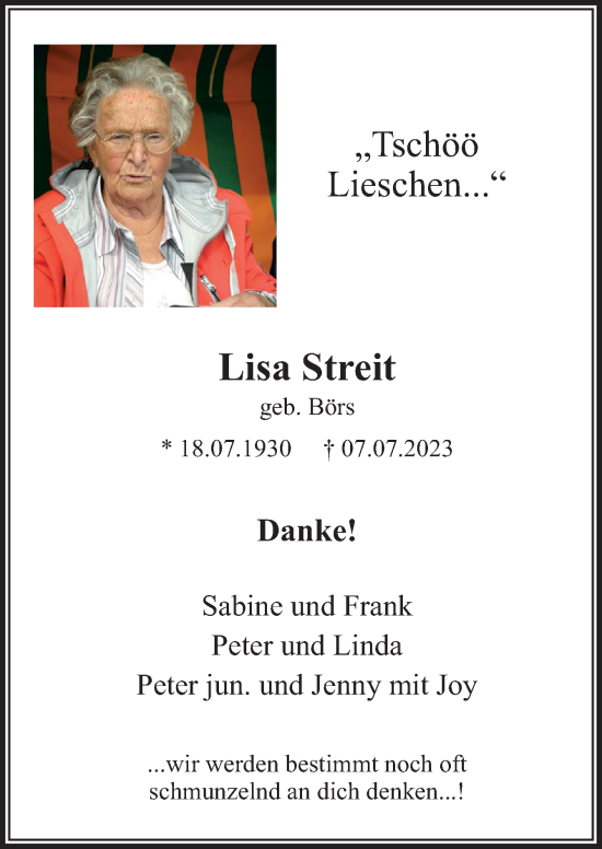 Traueranzeige von Lisa Streit von Neue Osnabrücker Zeitung GmbH & Co. KG
