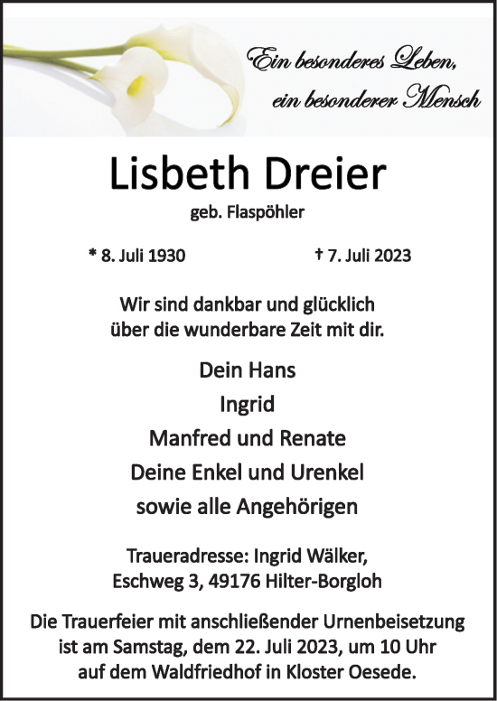 Traueranzeige von Lisbeth Dreier von Neue Osnabrücker Zeitung GmbH & Co. KG
