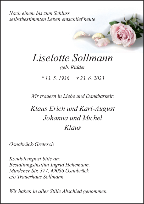 Traueranzeige von Liselotte Sollmann von Neue Osnabrücker Zeitung GmbH & Co. KG