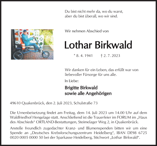 Traueranzeige von Lothar Birkwald von Neue Osnabrücker Zeitung GmbH & Co. KG