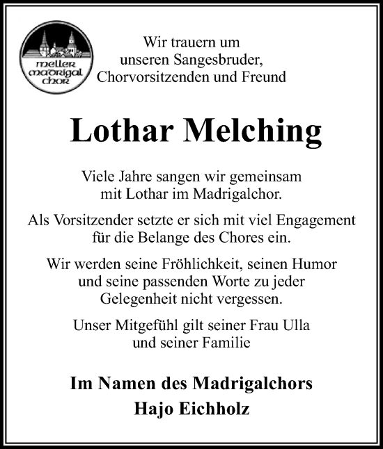 Traueranzeige von Lothar Melching von Neue Osnabrücker Zeitung GmbH & Co. KG