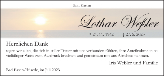 Traueranzeige von Lothar Weßler von Neue Osnabrücker Zeitung GmbH & Co. KG