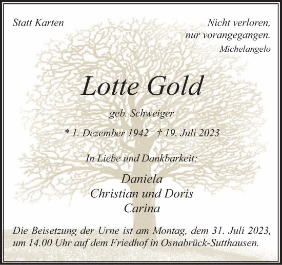 Traueranzeige von Lotte Gold von Neue Osnabrücker Zeitung GmbH & Co. KG