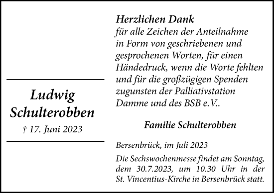 Traueranzeige von Ludwig Schulterobben von Neue Osnabrücker Zeitung GmbH & Co. KG