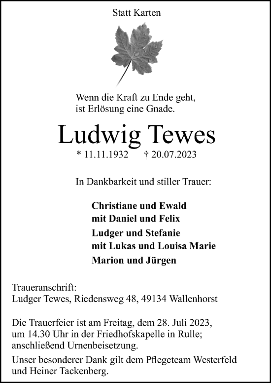 Traueranzeige von Ludwig Tewes von Neue Osnabrücker Zeitung GmbH & Co. KG