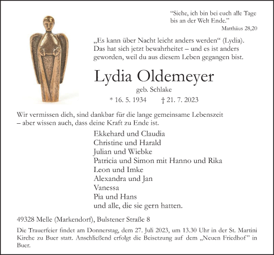 Traueranzeige von Lydia Oldemeyer von Neue Osnabrücker Zeitung GmbH & Co. KG