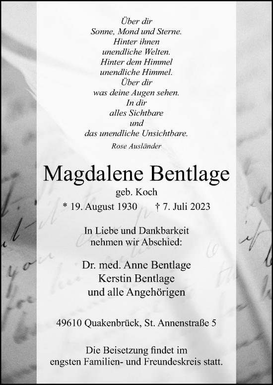 Traueranzeige von Magdalene Bentlage von Neue Osnabrücker Zeitung GmbH & Co. KG