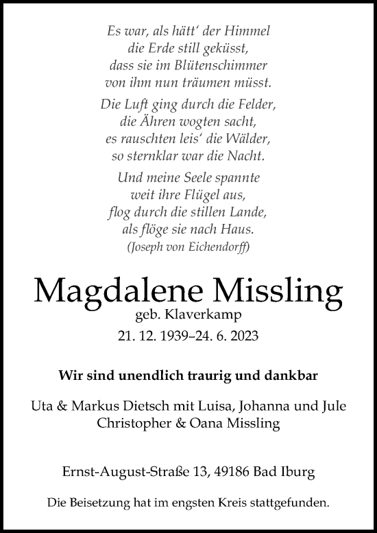 Traueranzeige von Magdalene Missling von Neue Osnabrücker Zeitung GmbH & Co. KG