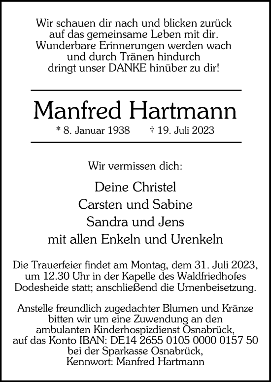 Traueranzeige von Manfred Hartmann von Neue Osnabrücker Zeitung GmbH & Co. KG