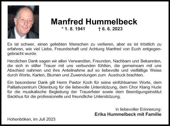 Traueranzeige von Manfred Hummelbeck von DK Medien GmbH & Co. KG