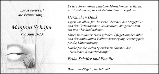 Traueranzeige von Manfred Schäfer von Neue Osnabrücker Zeitung GmbH & Co. KG