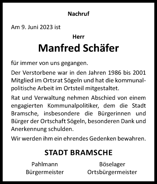 Traueranzeige von Manfred Schäfer von Neue Osnabrücker Zeitung GmbH & Co. KG
