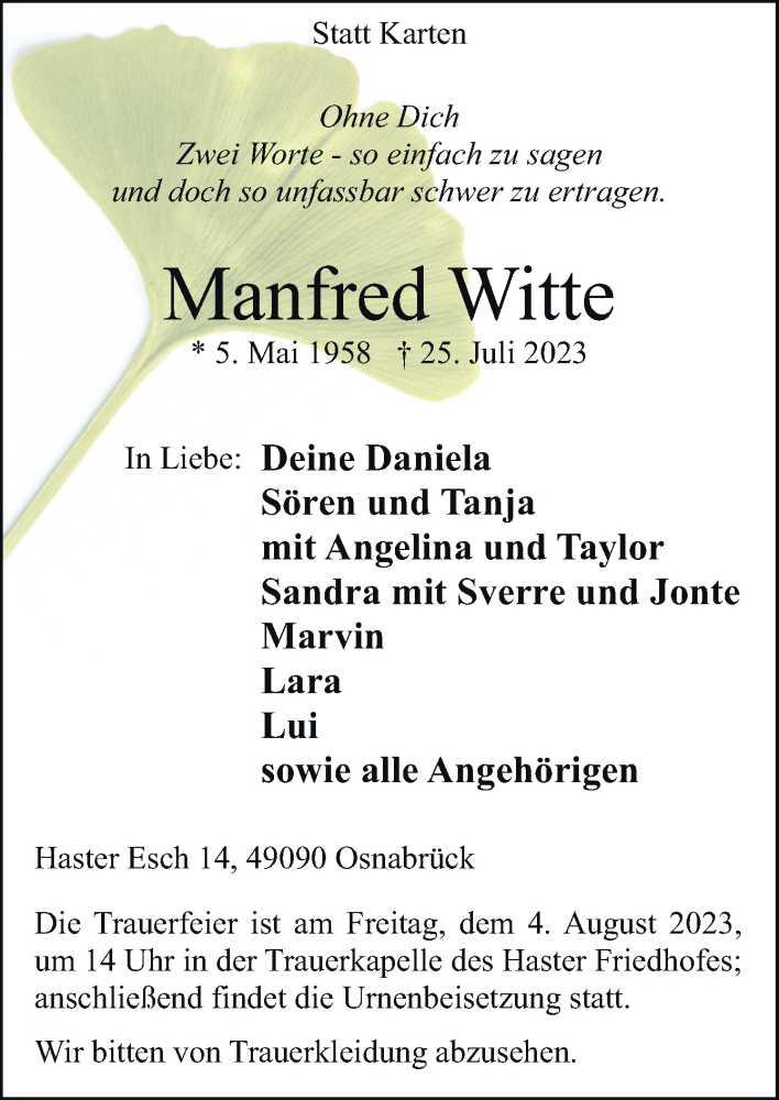  Traueranzeige für Manfred Witte vom 29.07.2023 aus Neue Osnabrücker Zeitung GmbH & Co. KG