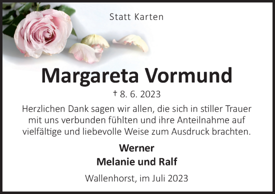 Traueranzeige von Margareta Vormund von Neue Osnabrücker Zeitung GmbH & Co. KG