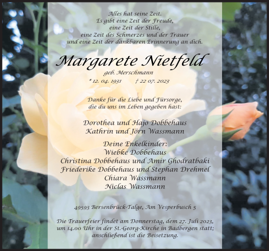 Traueranzeige von Margarete Nietfeld von Neue Osnabrücker Zeitung GmbH & Co. KG