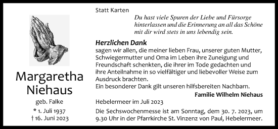 Traueranzeige von Margaretha Niehaus von Neue Osnabrücker Zeitung GmbH & Co. KG