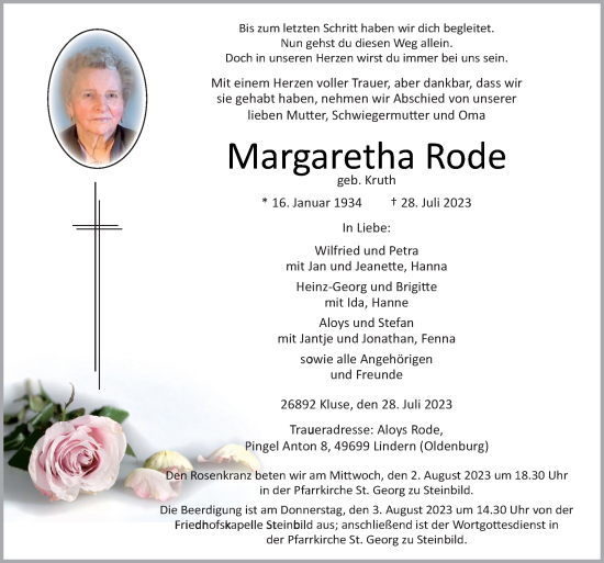 Traueranzeige von Margaretha Rode von Neue Osnabrücker Zeitung GmbH & Co. KG