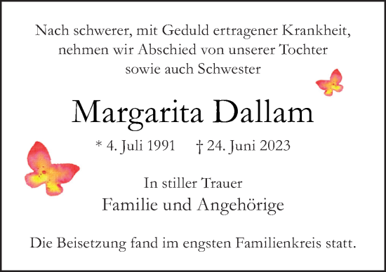Traueranzeige von Margarita Dallam von Neue Osnabrücker Zeitung GmbH & Co. KG