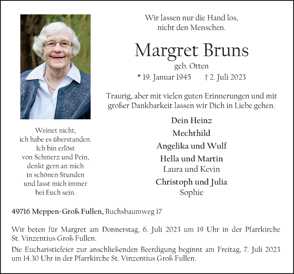  Traueranzeige für Margret Bruns vom 05.07.2023 aus Neue Osnabrücker Zeitung GmbH & Co. KG