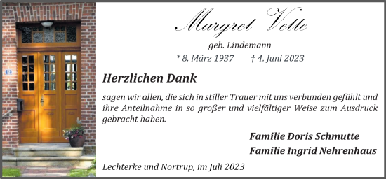 Traueranzeige von Margret Vette von Neue Osnabrücker Zeitung GmbH & Co. KG