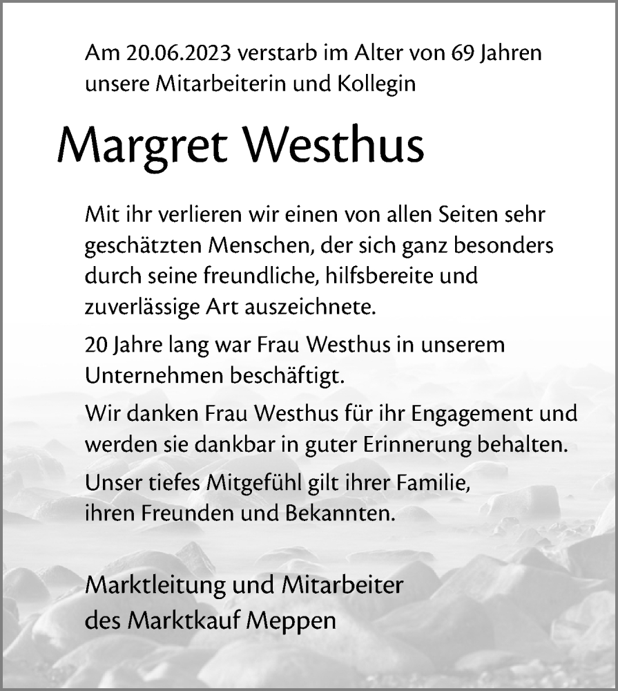  Traueranzeige für Margret Westhus vom 01.07.2023 aus Neue Osnabrücker Zeitung GmbH & Co. KG