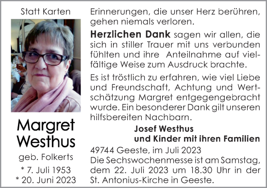 Traueranzeige von Margret Westhus von Neue Osnabrücker Zeitung GmbH & Co. KG