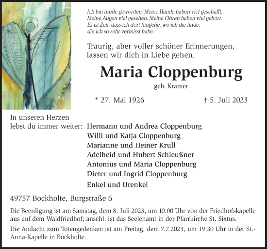 Traueranzeige von Maria Cloppenburg von Neue Osnabrücker Zeitung GmbH & Co. KG