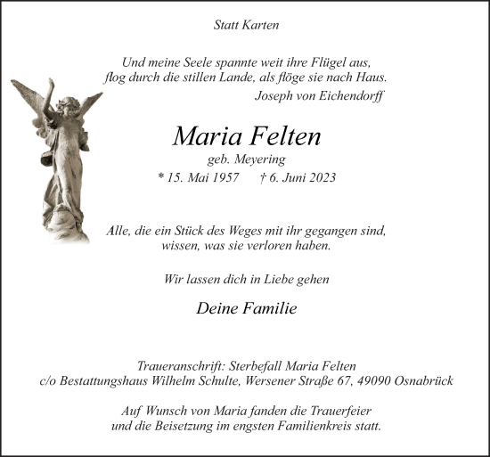 Traueranzeige von Maria Felten von Neue Osnabrücker Zeitung GmbH & Co. KG