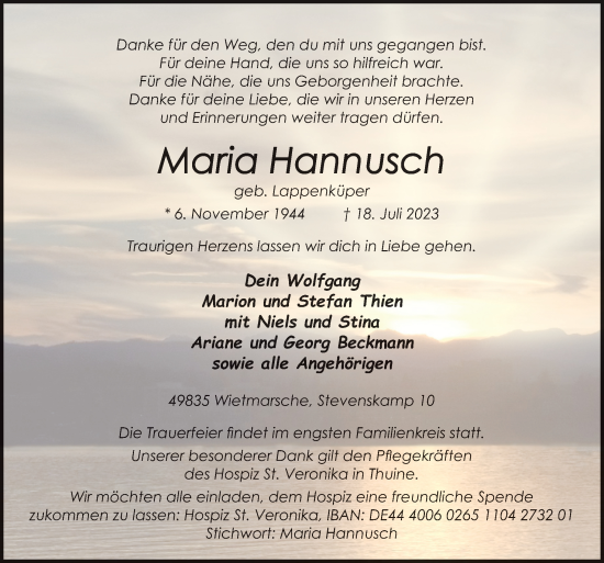 Traueranzeige von Maria Hannusch von Neue Osnabrücker Zeitung GmbH & Co. KG